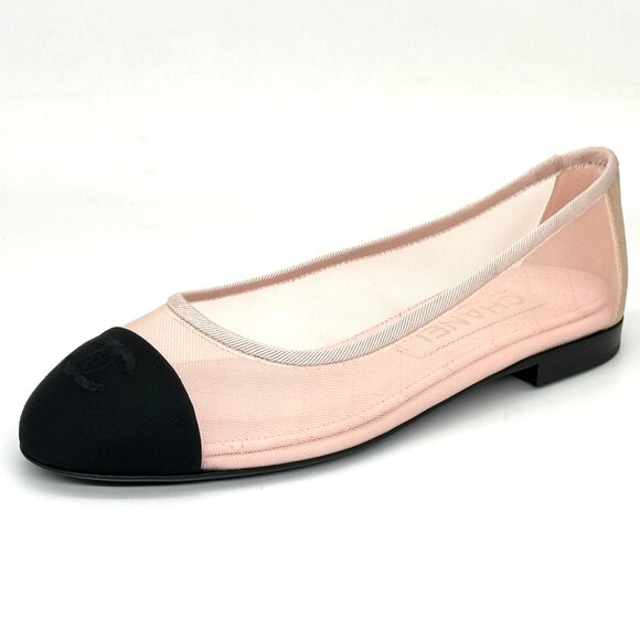 CHANEL 25P CC Two Tone Mesh Grosgrain Cap Toe Ballerina Ballet Flat Shoes Pink - Picture 1 of 13